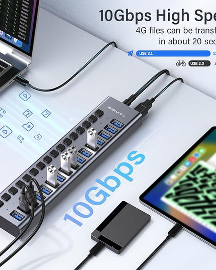Powered USB 3.2 Hub, ACASIS 16 Ports USB 3.2 Hub with 10Gbps Data Speed，Aluminum Housing, USB Hub Powered with 96W Power Adapter, USB Hub for PC/Laptop, Computer, Flash Drive, Printer, Camera