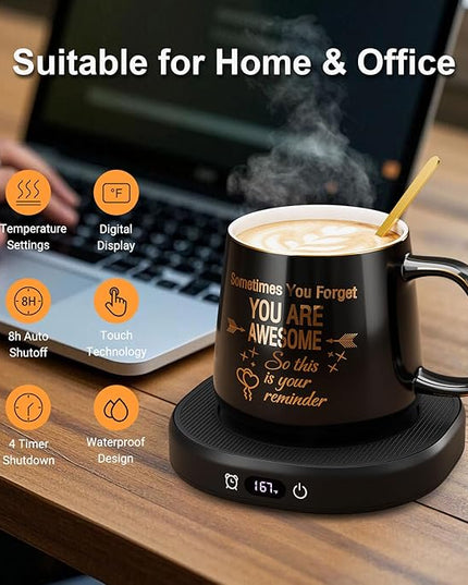 Coffee Mug Warmer & You are Awesome Mug Set, Electric Cup Warmer with Auto Shut Off, 4 Temperature Setting Smart Beverage Warmer, 8-Hours Auto Shut Off (Black Awesome Mug)