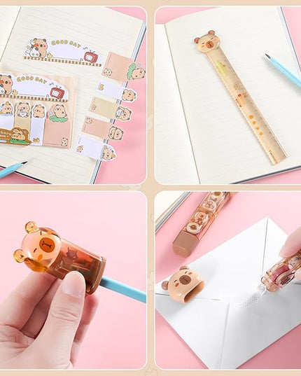 Kogcmeetl 7 Pcs Cute Capybara Stationary Set Kawaii School Supplies Japanese Stationery, Includes Pencil Sharpener, Eraser, Correction Tape, Glue Tape, Sticky Notes, Ruler, for Office School Supplies