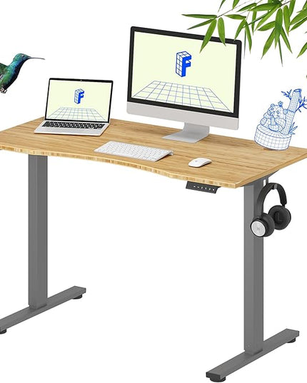 FLEXISPOT EN1 Bamboo Standing Desk, 48 x 24 Inches Whole-Piece Electric Height Adjustable Desk for Home Office (Silver Frame + Bamboo Curved Desktop, 2 Packages)