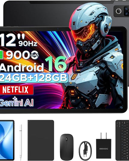 DOOGEE U12 Updated Android 16 Tablet with Keyboard,12 inch Tablet with Gemini AI,24GB+128GB/TF 2TB Octa-Core Gaming Tablets,2K 2000x1200 FHD+IPS,9000mAh/18W,13MP+8MP,Widevine L1,5G WiFi,Metal Body
