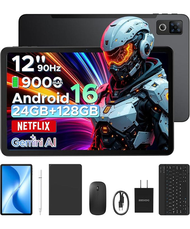 DOOGEE U12 Updated Android 16 Tablet with Keyboard,12 inch Tablet with Gemini AI,24GB+128GB/TF 2TB Octa-Core Gaming Tablets,2K 2000x1200 FHD+IPS,9000mAh/18W,13MP+8MP,Widevine L1,5G WiFi,Metal Body