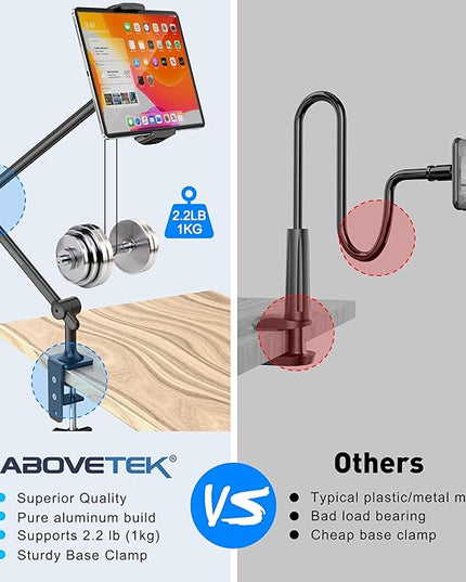 AboveTEK Tablet Stand Holder for Desk & Bed, Aluminum iPad Holder Arm with 360° Rotating Clamp, Adjustable Phone Stand Compatible with 4.7"-13.5" iPad Pro/Air/Mini, iPhone, Galaxy Tab- Black