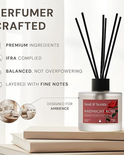 Soul & Scents Reed Diffuser Set – Midnight Rose | 7.43 oz Refillable Scented Oil with 6 Fiber Sticks | Long-Lasting Home Fragrance & Air Freshener for Bedroom, Bathroom, Office | Gift & Décor Piece