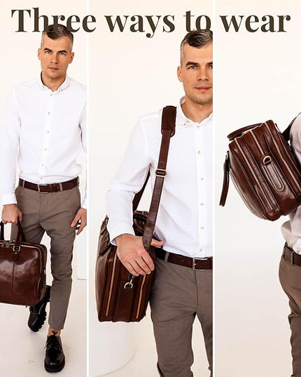 Time Resistance Leather Laptop Briefcase - Full Grain Leather Computer Bag for Men and Women