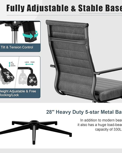 Okeysen Genuine Leather Office Desk Chair, Mid-Century Modern Real Leather Conference Room Chairs, Ergonomic Executive Ribbed Height Adjustable Swivel Rolling Chair for Home Office.