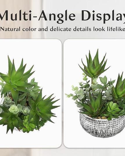 11” Large Succulents Aloe Plants Artificial in Ceramic Pots Potted Faux Succulent Eucalyptus Arrangement with Black Bowl Pots Fake Desk Succulents Plants for Home Bathroom Shelf Table Indoor Decor