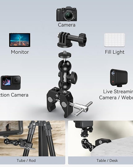 SMALLRIG Super Camera Clamp Mount, Double Ball Head Magic Arm Adapter, Fence/Desk/Tripod Mount for Monitor/Light/Camera, for Insta360, for Gopro