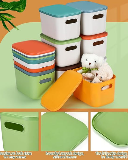 Thyle 12 Pack 7 Quarts Plastic Storage Bins for Christmas Storage with Lids Handles Colorful Stackable Desktop Box Bins with Label for Shelf Drawer,10 x 7 x 6 Inch (Stylish Color)