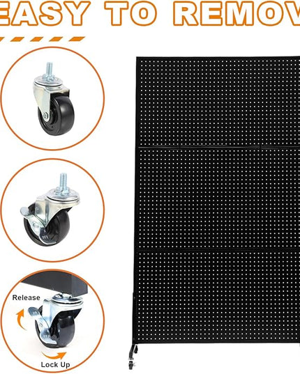 3.5'x 6' Pegboard Display Stand with T-Base, Metal Peg Board Organizer Panels Display Rack With Wheel, Standing Pegboard Display, Extra 30 pieces Hooks, Black