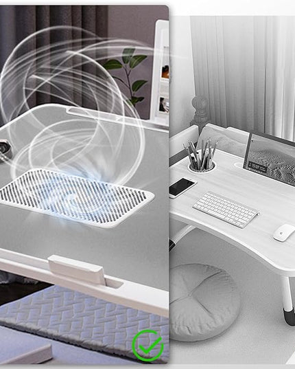Laptop Lap Desk with Cooling Fan - Adjustable with Light, USB, Storage Drawer - Folding Bed Desk,22.04"*12.59",Grey
