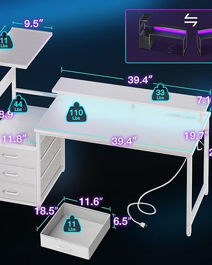 AODK 52 Inch Gaming Desk with USB Charging Ports & LED Light- Reversible Computer Desk with Storage Shelves & Monitor Stand, Modern Gamer Desk Table with Fabric Drawers & Side Hook, Carbon Fiber White