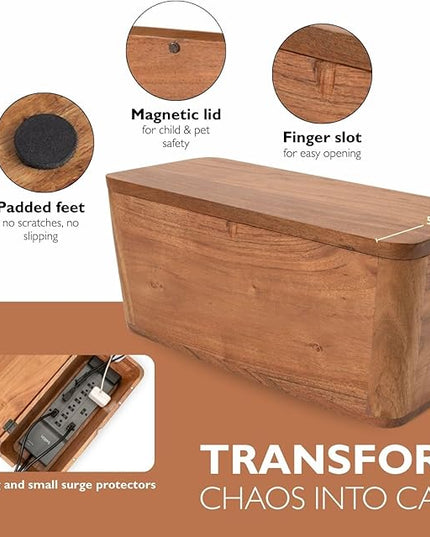 Extra Large Cable Management Box - Acacia Wood - Cable Organizer Box and Power Strip Box for Electrical Cord Management - Hide Desk Cord and Floor Cables - Wire Storage and Organization for Cords