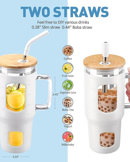 Glass Tumbler with Straw and Lid, 32 oz Glass Cup with Handle, Glass Water Bottles with Time Marker, Silicone Protective Sleeve - White