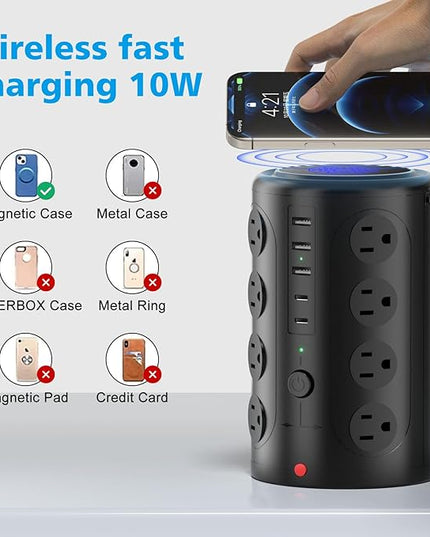 Tower Power Strip with 15W Wireless Charger, 20FT Extension Cord, 16 AC Outlets & 5 USB Ports (2 USB C) - Surge Protector for Office, Home, Dorm Room (Black)