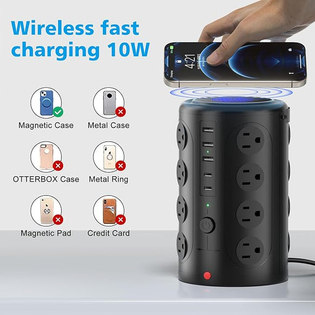 Tower Power Strip with 15W Wireless Charger, 20FT Extension Cord, 16 AC Outlets & 5 USB Ports (2 USB C) - Surge Protector for Office, Home, Dorm Room (Black)