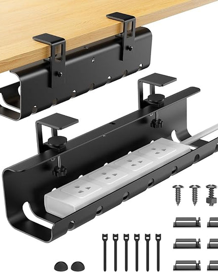 Under Desk Cable Management Tray No-Drill 2 Pack 16.9‘’ Wire Cord Organizers, Cable Management Under Desk for Home and Office No Damage Black