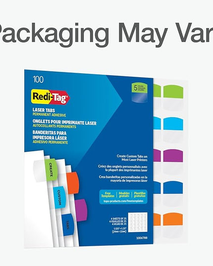 Redi-Tag Laser Printable Tabs, Permanent Index Tabs, Customizable Adhesive Labels, Assorted Tropical Colors, 1.125" x 1.25", 100 Per Pack (1006788)
