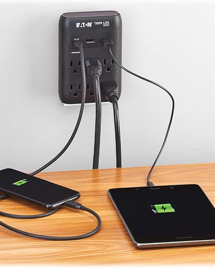 Eaton Tripp Lite SK60CB Wall Surge Protector Power Strip & USB Wall Charger, 6-Outlet Extender, 1 USB-C + 2 USB Ports, 1080 Joules, Multi-Plug Outlet Splitter, Black, Lifetime Manufacturer's Warranty