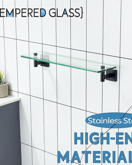 KOKOSIRI Bathroom Shelves Glass Floating Shelf 20-Inch for Bedroom Living Room Kitchen Hanging Rack Rustproof Wall Mounted Black 2 Pack B1105BK-L20-P2
