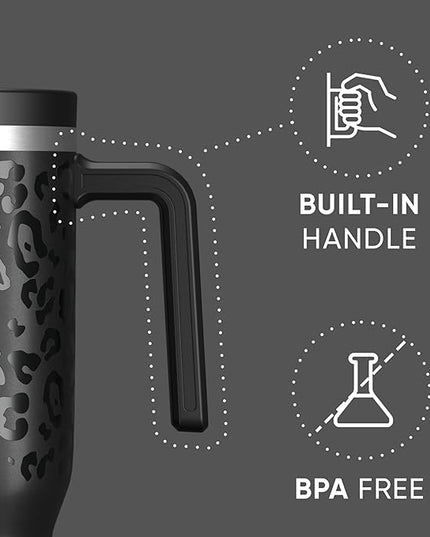 Hydrapeak Voyager 40 Oz Stainless Steel Tumbler with Handle, Insulated Water Bottle With Straw & Lid, Cupholder Friendly Reusable Travel Mug (Black Leopard)