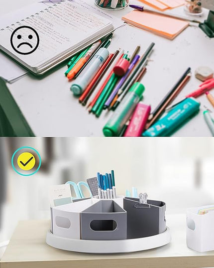 MeCids 360 Rotating Storage Organizer Desk Organizers Pen Holder– 12” Lazy Susan Style Caddy with Removable Bins, for Home Office Supplies, Art Supplies, Make-up & Kitchen Use, with Card & Gift Box