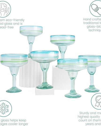 MyCajita Mexican Glassware, Aqua Rims 16oz Margarita Glasses, Set of 6 Unique Hand Blown Glass, Handcrafted by Talented Artisans Thick & Sturdy Easy to hold