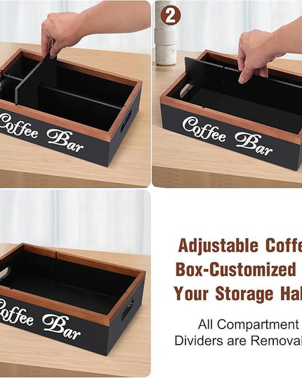 Wooden Coffee Organizer Holder with Divided Sections & Cutout Handle, Farmhouse Coffee Bar Organizer for Pods, Cups, Lids, Syrups, Stirrers & Accessories – Ideal Gift for Home or Office