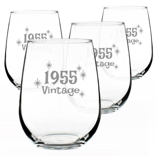 Vintage 1955 Stemless Wine Glass for 71st Birthday - 17 oz - Set of 4