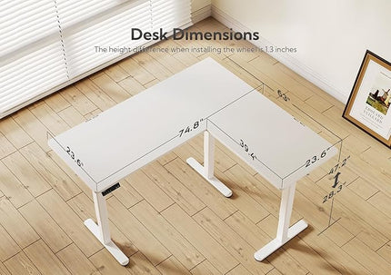 Claiks L Shaped Standing Desk Adjustable Height, Dual Motor Electric Corner Standing Desk, 75 x 63 inch with Splice Board, White