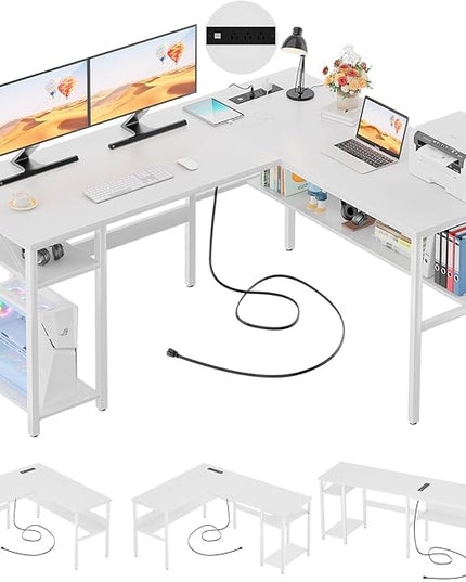 Unikito Reversible L Shaped Computer Desk with Magic Power Outlets and USB Charging Ports, Sturdy Corner Desk with Storage Shelves, Durable Work Desk for Home Office, Easy to Assemble, White