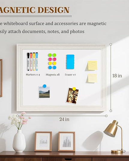 White Board for Wall, 24'' x 18'' Magnetic Dry Erase Board, Decorative Whiteboard with White Vintage Wooden Frame, Hanging Writing Board for Home Office School Dorm
