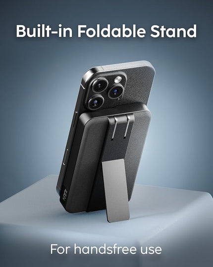 myCharge CliqLuxe+ Magnetic Wireless Power Bank 5,000mAh | iPhone & MagSafe Compatible | Qi2.2 25W Mag Safe Portable Charger | Built-in Wall Plug & Stand | 20W PD USB-C Port | Premium Black Fabric