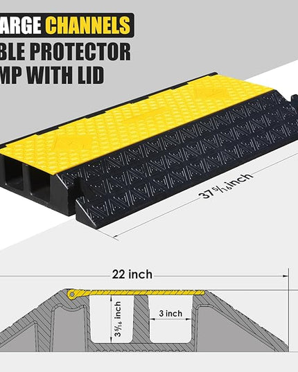 OranLite Large 2-Channel Rubber Floor Cable Protector Ramp, Heavy-Duty Floor Cable Wire Cord Cover Speed Bumps, Driveway Hose Cable Ramp Protective Cover (2 Large Channels)