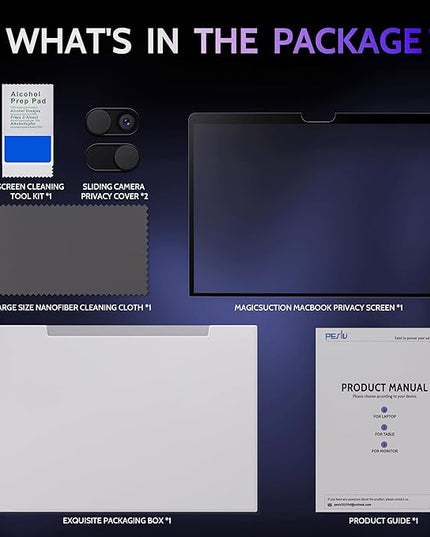 Peslv Privacy Screen for MacBook Air 13 Inch (2018-2021, M1) & MacBook Pro 13 In (2016-2022, M1, M2), MagicSuction™ Removable Anti Spy Black Protector, Glare Blue Light Filter for Mac Laptop Computer