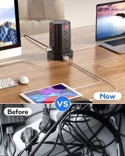 Power Strip Surge Protector, 10 Ft Extension Cord with 12 AC Multiple Outlets 4 USB (1 USB C), SMALLRT Power Tower Desktop Charging Station (Black, 16.4 FT)