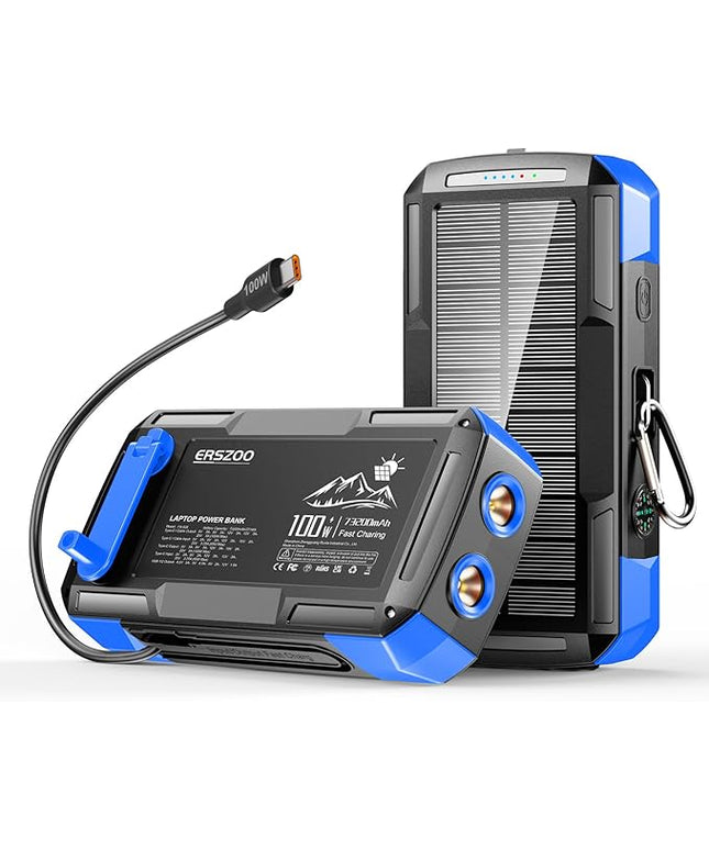Solar Charger Power Bank 73200mAh, Portable Laptop Charger with 100W USB-C in/Output, Built-in Cables, Hand Crank Power Bank for Mobile Phones, Ideal for Outdoor Use with SOS/Strobe/Strong (blue)