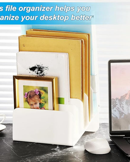Chunful Acrylic Desk Organizer, 5 Section Desk File Holder Sorter Stand Rack Vertical Organizer Desktop Vinyl Storage Display for Record Album Book Magazine Document Home Office(White)