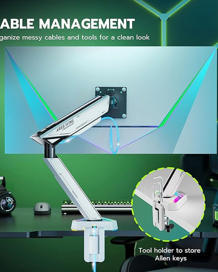 ARES WING RGB Single Monitor Arm Desk Mount for 17-45 inches Flat and Curved Monitors, Holds 35.2 lbs Heavy Duty, Adjustable Ultrawide Monitor Arm with Clamp & Grommet Base, 75/100 VESA Mount, White