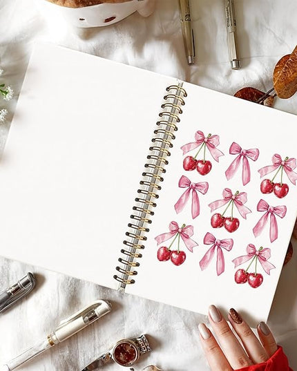 Coquette Bow Notebook Journal, cherry notebook,Preppy Aesthetic Journal, pink journal,Preppy Gifts for Women, pink school supplies, Hardcover Spiral Notebook 80 Sheets -160 Pages 5.5x8.3 Inch