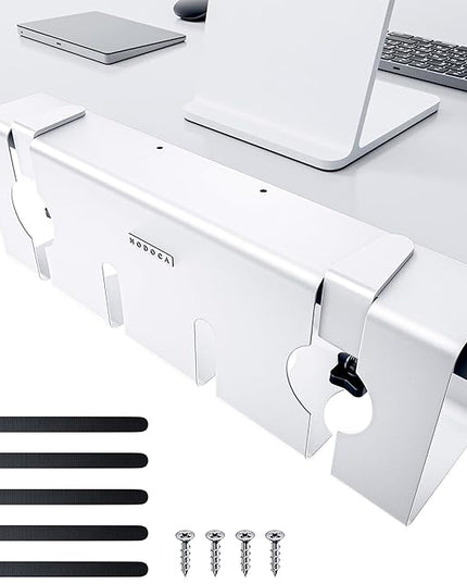 NODOCA No Drill Under Desk Cable Management Tray, 17'' Wire Management, Punch-Free Clamp on, Metal Cable Tray, Wire Organizer Under Desk, Under Dessk Basket for Office and Home, White