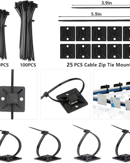 ELII 328Pcs Cable Management Kit, 8 Magnetic Cable Holder,69Adhesive Cable Clips,4 Cable Sleeve Split,22Reusable Cable Strap,200 Nylon Cable Zip Ties with 25 Mounts TV Office (Black)