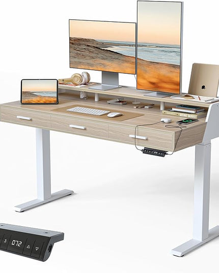 FEZIBO Electric Standing Desk with Drawers, 55x26 Inch Adjustable Height, Stand Up Desk with Monitor Shelf, Sit Stand Home Office Desk, Light Walnut