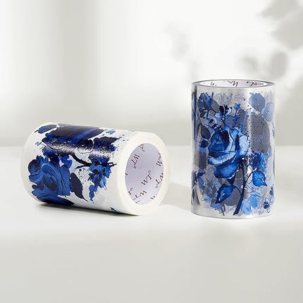 WT Cobalt Blue Wide PET Tape, Single Roll, Original Designs, Floral Decors, Transparent Clear Adhesive, Junk Journal Scrapbook Bujo Planner DIY Craft Supplies Gifts, Watercolor Flower