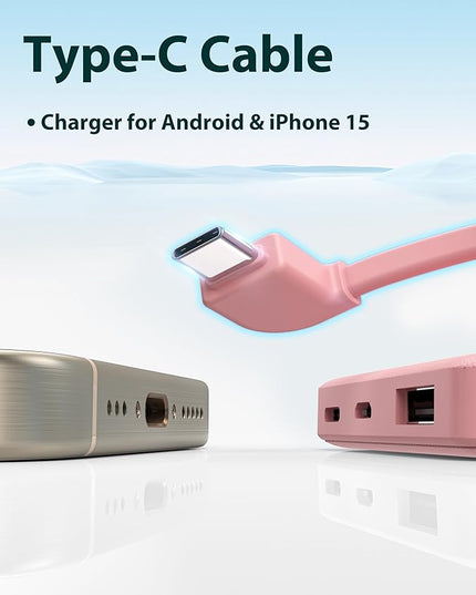 miisso 6000mah Ultra Slim Built in Cables Power Bank, Card Size Built in USB C Cords Battery Pack Portable Charger for Phones, 3 Output External Battery Pack Compatible with iPhone, Pink