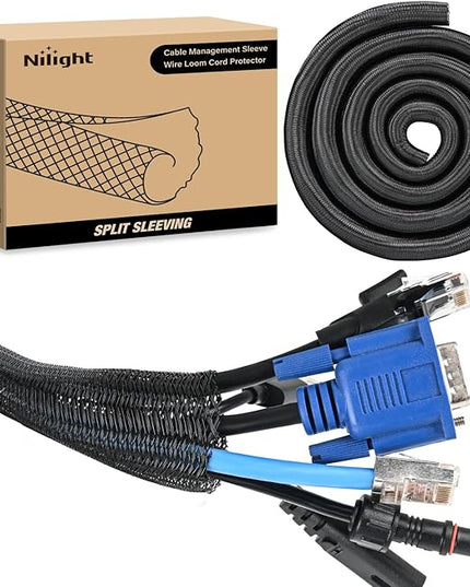 Nilight Cable Sleeve, 10ft-1inch Cord Management Sleeves, Braided Sleeving, Split Self Wrapping Wire Loom for Computer Electrical Automotive Harness Protector Organizer, Black