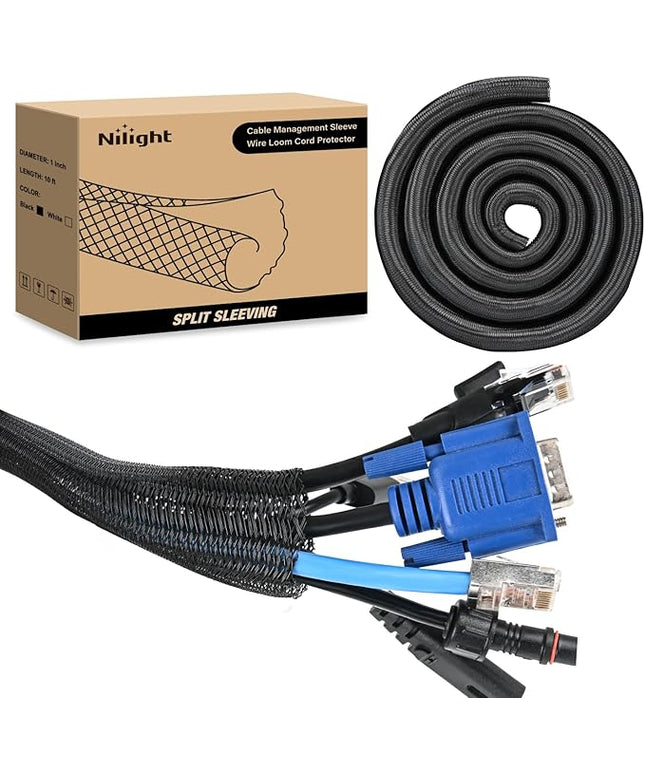 Nilight Cable Sleeve, 10ft-1inch Cord Management Sleeves, Braided Sleeving, Split Self Wrapping Wire Loom for Computer Electrical Automotive Harness Protector Organizer, Black