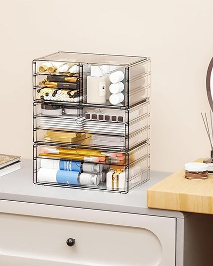 Yieach 3Pack Clear Drawer Organizers Stackable,Acrylic Storage Drawers With 10 Drawers,Multipurpose Office Supply Organizer and Makeup Organizer for Beauty,Craft,Pen,Medical,Stationary Desk Organizers