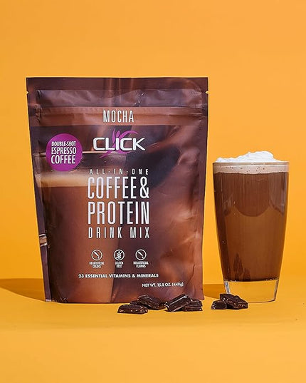 Click Coffee Protein, Protein & Real Coffee All-in-One, Meal Replacement Nutrition Drink, Mocha Flavor, 23 Essential Vitamins, Double Shot Espresso Coffee, Hot or Cold, 15.8-Ounce