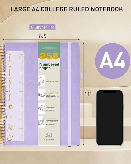 A4 Spiral Notebook Journal 8.5” x 11”, 256 Numbered Pages Hardcover Leather Journals for Women Men, Large Lined College Ruled Notebooks, 100GSM Thick Paper, Spiral Bound Journal for Work School, Purple